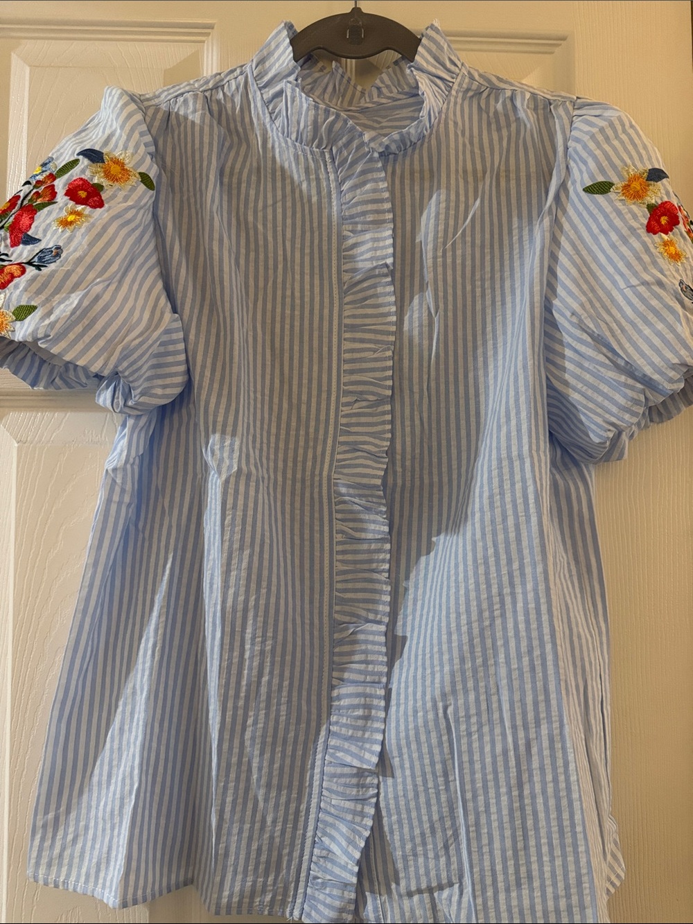 Light Blue Striped Ruffle Front Blouse with Floral Embroidered Sleeves